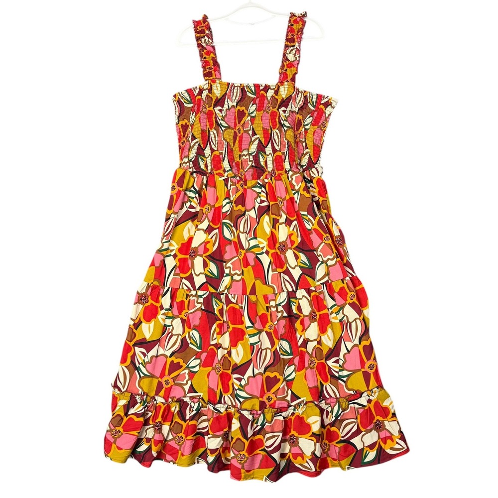 Mile Gabrielle Womens 3X Floral Smocked Tiered Midi Dress Red Pink Mustard Retro
